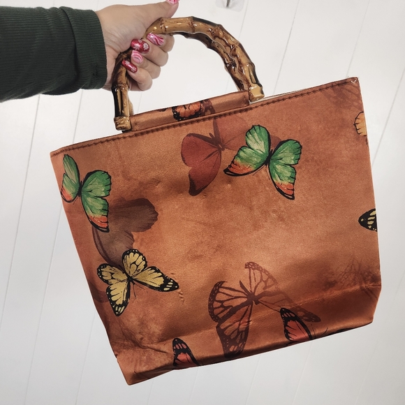Vintage Butterfly Handbag Tote Purse Brown Bamboo Handles Boho Bohemian 90s Y2K - Picture 1 of 8